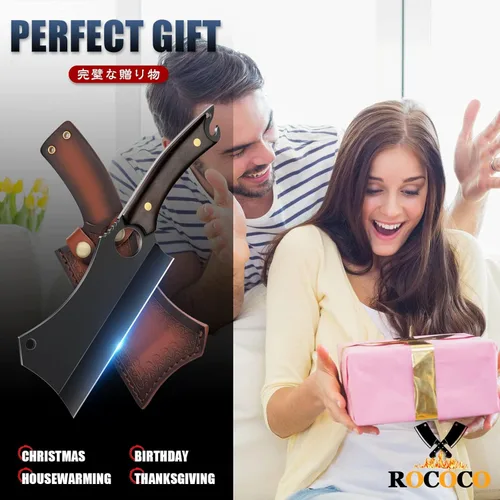 Vista 8 de ROCOCO - Cuchillo de carnicero para carne con vaina - Cuchillo de corte de carne forjado a mano con funda para BBQ al aire libre, camping, idea