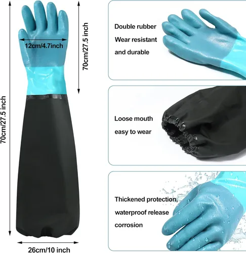 Vista 2 de 27" Full Arm Pond Gloves, Long Heavy Duty Gloves with Cotton Lining, Waterproof Rubber Chemical Resistant Glove