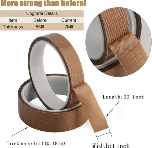 Vista 2 de Cinta de teflón, cinta de PTFE de tela de 1 en 30 pies para máquina selladora de impulso manual o al vacío, cinta adhesiva recubierta de PTFE