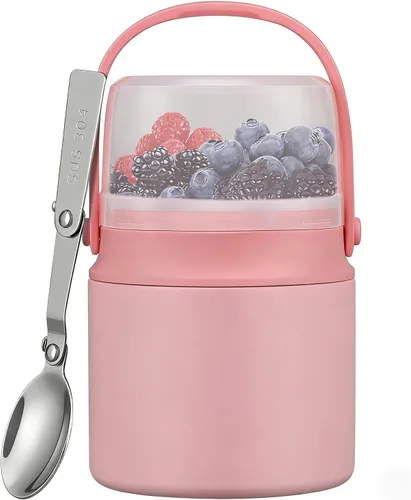 Vista 9 de Tarro de comida aislado 2 en 1 con un recipiente para aperitivos, termo de sopa para niños de 15 onzas para comida caliente con asa y cuchara, a