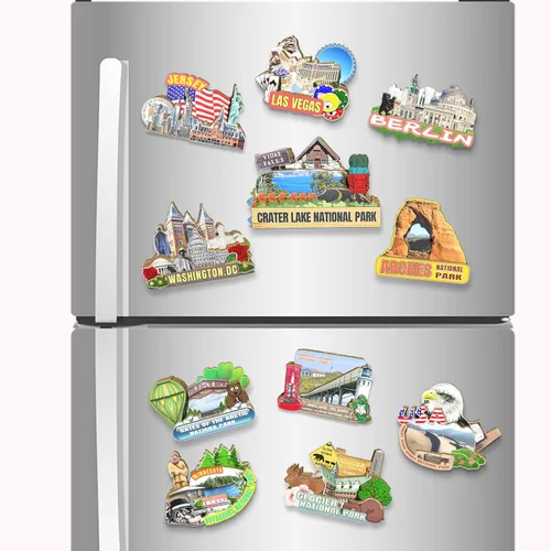 Vista 4 de Imán del parque nacional del lago del cráter de los E.E.U.U. Imán del refrigerador de madera 3D monumentos de viaje coleccionables, decoración hecha