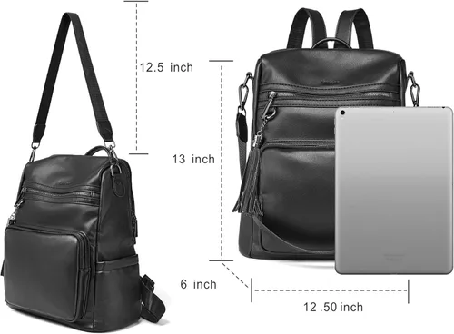 Vista 6 de OPAGE - Mochila de cuero para mujer, con borla de moda, bolso de hombro, mochila grande, bolsa de viaje, Negro, L, Viajar
