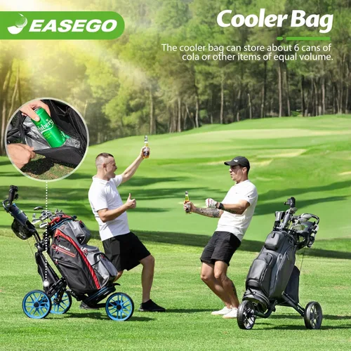 Vista 6 de EASEGO Carrito de golf con 3 ruedas: carrito plegable para bolsa de golf con soporte para teléfono/taza/paraguas, carritos de golf compactos
