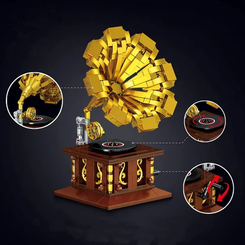 Vista 2 de Ulanlan Decoración del hogar, juego de construcción para adultos, kit de construcción de fonógrafo, mini bloques de construcción de bloques