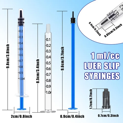Vista 3 de Paquete de 50 jeringas de plástico azul de 0.0 fl oz con tapas para laboratorios científicos, medición de líquidos, riego, recarga, oral, mascotas