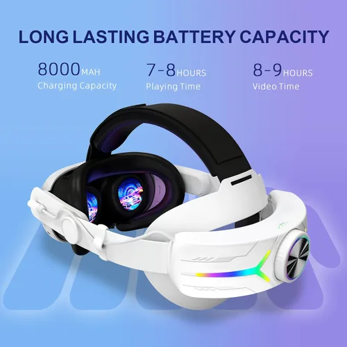 Vista 2 de QWOS RGB Comfort Battery Head Strap 8000mAh Compatible with Meta Quest 3 Accessories, Battery Pack Elite Strap Replacement for Enhanced Support and