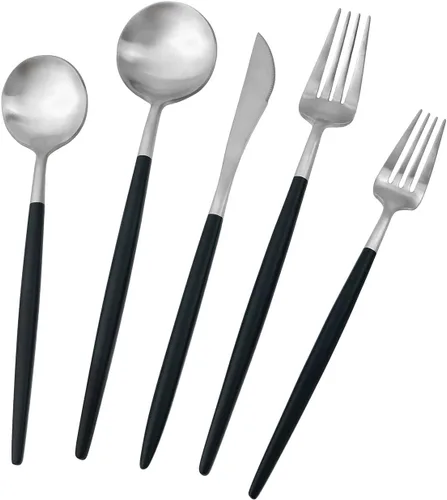 Vista 18 de Gugrida Juego de cubiertos de acero inoxidable 18/10 con mango blanco mate, 20 piezas, incluye tenedores, cucharas, cuchillos, cubiertos de Plateado