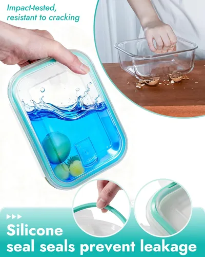 Vista 2 de Juego de 8 recipientes de vidrio borosilicato para almacenamiento de alimentos con tapas herméticas, aptos para horno, microondas y congelador, a