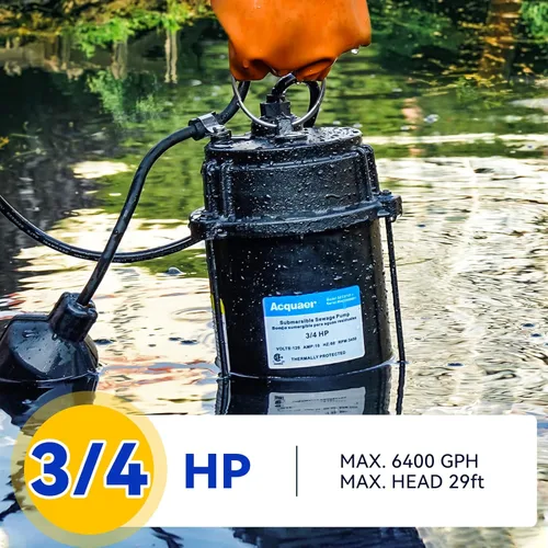 Vista 2 de Acquaer 3/4HP Bomba sumergible de efluentes de aguas residuales, hierro fundido, interruptor de flotador automático amarrado de 115V 6400 GPH, bomba