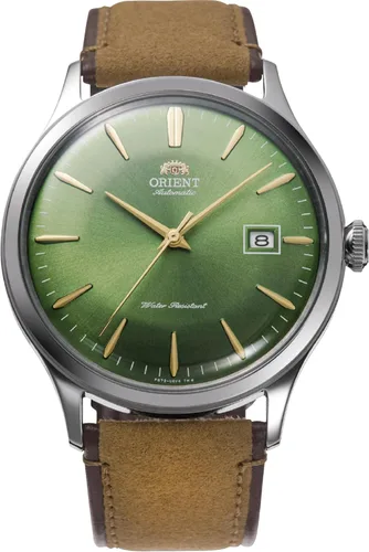 Orient "Bambino Version 4" reloj de vestir automático/de cuerda manual, japonés, de acero inoxidable y cuero verde pastel