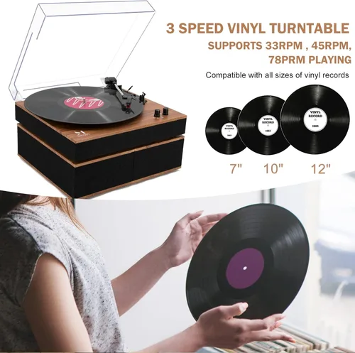 Vista 5 de MPK - Tocadiscos Bluetooth, sistema de alta fidelidad con altavoces de estantería, tocadiscos de vinilo de 3 velocidades con transmisión por correa
