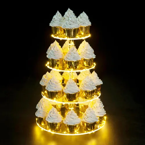 Vista 9 de Soporte para Cupcakes, Portacupcakes Cuadrado de 4 Niveles con Tira de Luces LED, Exhibidor de Torre Acrílica para Cupcakes-Torre de Postres-Soporte