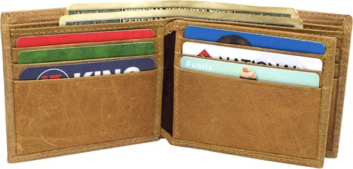 Vista 9 de MARSHAL Cartera de identificación con solapa central de piel auténtica con bloqueo RFID para hombre, Beige Bronceado, Bifold