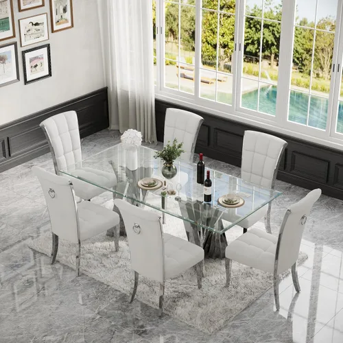 Vista 4 de Mesa de comedor de cristal, mesa de cocina rectangular plateada de Tapa de vidrio templado, base de acero inoxidable con espejo Plateado