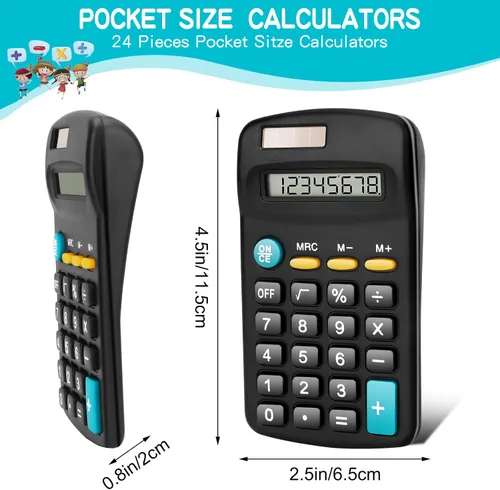 Vista 4 de Paquete de 24 mini calculadoras básicas, pantalla de 8 dígitos, batería solar y alimentación de CA, portátil para oficina, escuela y hogar