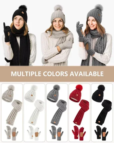 Vista 6 de Womens Beanie Hat Scarf Gloves Set, Fleece Lined Winter Hat with Pom Pom, Long Knit Scarf Touchscreen Gloves for Cold Weather