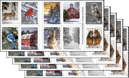 Vista 3 de USPS Winter Scenes Forever - Libro de sellos postales de 20 sellos de primera clase del servicio postal de EE.UU., celebraciones navideñas