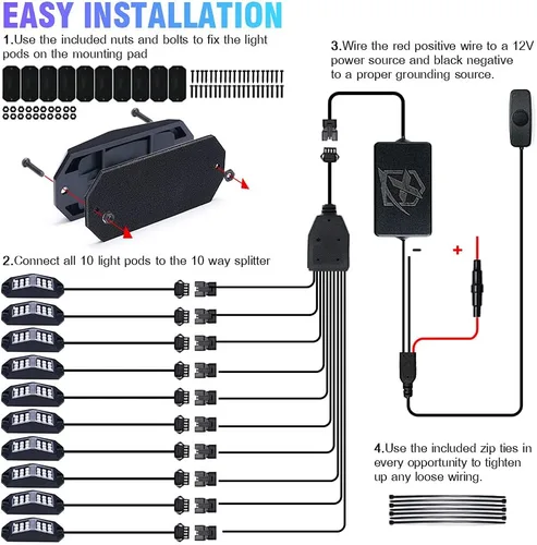 Vista 7 de Xprite - Kit de luces LED RGB bluetooth con controlador RF, luces neón multicolor intermitentes que sincronizan con la música para vehículos