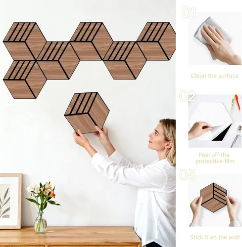 Vista 6 de Mollywell Paneles acústicos hexagonales, nogal S4, 14 x 12 x 0.4 pulgadas, paquete de 12 unidades chapa de madera Paneles de pared de alta