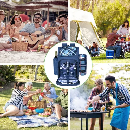 Vista 2 de Hap Tim Mochila de pícnic para 2 personas con compartimento aislado a prueba de fugas, soporte para vino, manta de forro de vellón y juego de Azul