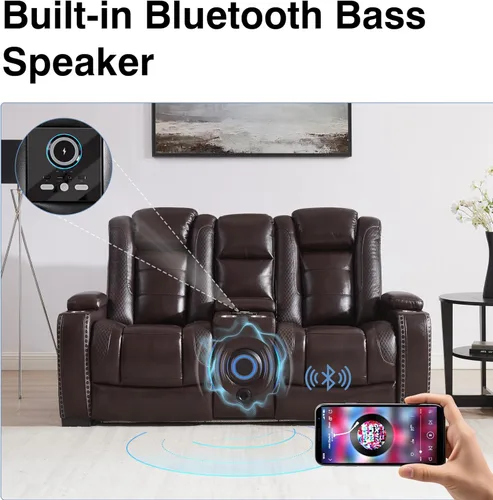 Vista 4 de THSUPER Sofá reclinable de cuero marrón para sala de estar, juegos de muebles con almacenamiento de brazos y reposacabezas eléctrico, juego de sofá