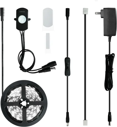 Vista 9 de Kit de iluminación LED con sensor de movimiento regulable Sensky para debajo del gabinete, tira de luz LED con sensor de movimiento, adaptador
