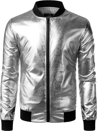 Vista 2 de ZEROYAA Chamarra estilo hipster con cremallera para hombre, diseño metálico brillante