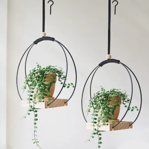 Vista 11 de Colgador de plantas con base de madera, soporte de macramé bohemio para plantas de interior, maceta colgante para decoración de pared, ventana, Negro