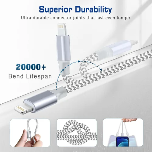Vista 4 de [Certificado Apple MFi] Cargador corto de iPhone de 1 pie, paquete de 2 unidades, USB A a cable Lightning, cable trenzado de nailon de 12 pulgadas