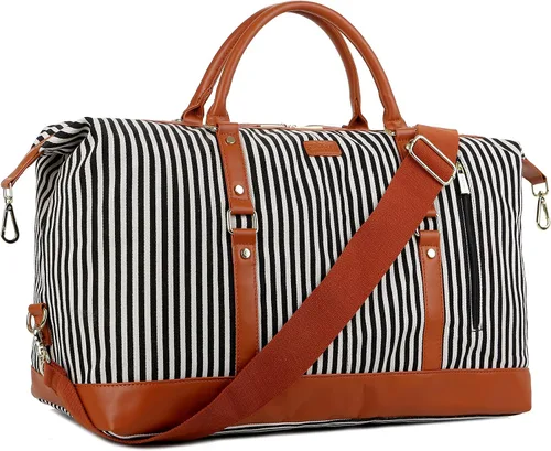 BAOSHA HB-14 - Bolsa de viaje de lona para llevar en el fin de semana, bolsa de gran tamaño para mujeres y mujeres, Rayas negras