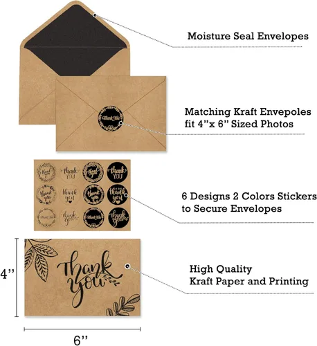 Vista 3 de 150 tarjetas de agradecimiento con sobres y calcomanías de papel kraft marrón a juego, 10 diseños elegantes de papel kraft a granel, notas en blanco