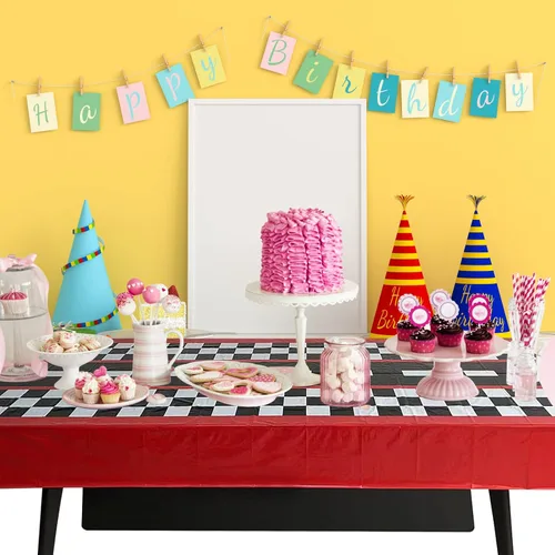 Vista 6 de Mantel de auto de carreras, suministros de decoración de cumpleaños con temática de automóvil, camino de mesa rectangular de plástico
