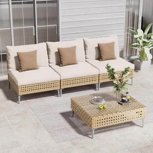 Vista 28 de Grand patio Juego de muebles de mimbre de patio de 3 piezas, juego seccional de sofá de conversación para exteriores estilo boho con cojines gruesos