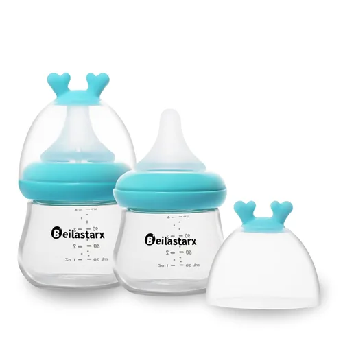 Biberones de vidrio con pezón de respuesta natural, tamaño SS, biberones anticólicos, cuello ancho, flujo lento (azul, 4 onzas (paquete de 2))