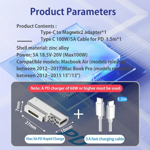 Vista 2 de Adaptador magnético USB C de 90 grados a 2 puntas en T magnéticas, tipo C a caja fuerte 2 T-Head PD 100W convertidor de carga rápida para MacBook
