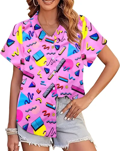 Trajes de los años 80 y 90 para mujer, camiseta temática de fiesta de los años 80, camisas hawaianas con botones de los años 90, camisetas retro de