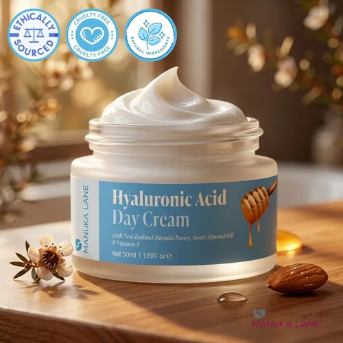 Vista 3 de Manuka Lane Crema de día de ácido hialurónico para cara y cuello con extracto de grano de avena, aceite de semilla de camelia, aceite de almendras