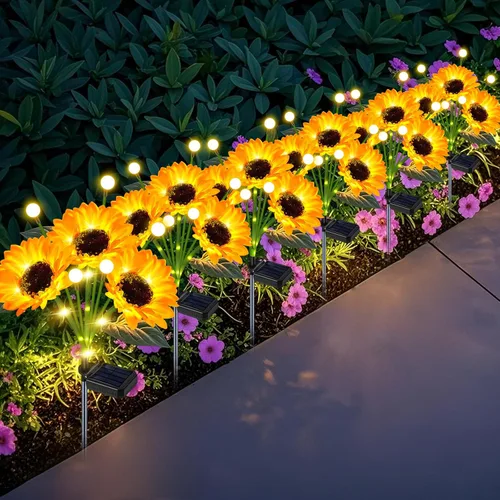 Vista 10 de 6 paquetes con 36 luces de girasol, luces solares para jardín al aire libre, luces solares de flores impermeables, regalos de cumpleaños de girasol