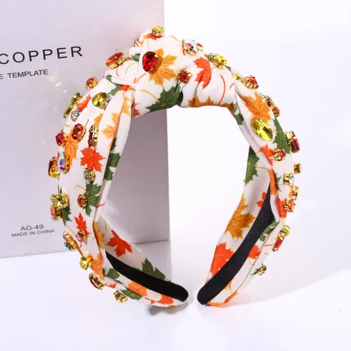 Vista 4 de Diadema de otoño, accesorios de Acción de Gracias para mujer, diadema anudada de cristal con diamantes de imitación, estampado de hojas de arce