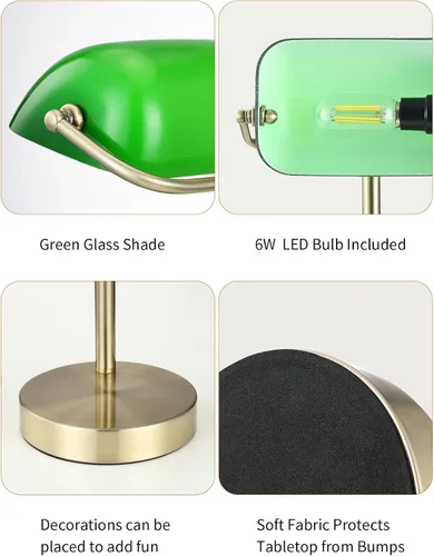 Vista 6 de Newrays Lámpara de escritorio tradicional de cristal verde banqueros con interruptor de cadena enchufable, bombilla LED incluida