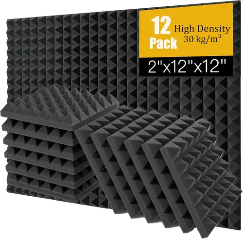 Paneles de espuma acústica, paquete de 12 paneles de sonido Pirámide Saiqiang de 2" x 12" x 12" pulgadas, reducción de ruido para paredes, espuma