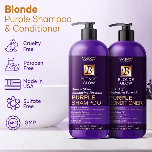 Vista 2 de VANIDOX Juego de champú y acondicionador morado tonificante sin sulfatos para cabello rubio, con mechas marrones o decolorado, champú para rubios