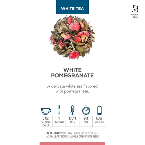 Vista 3 de Teabloom Té de hojas sueltas de granada blanca, té blanco distintivo y delicado, certificado Kosher, té fresco de hoja entera en recipiente