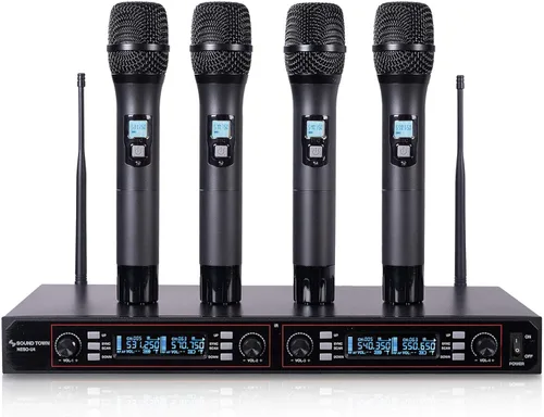 Vista 7 de Sound Town Sistema de micrófono inalámbrico UHF ajustable de 200 canales con receptor de metal, 4 micrófonos de mano y escaneo automático