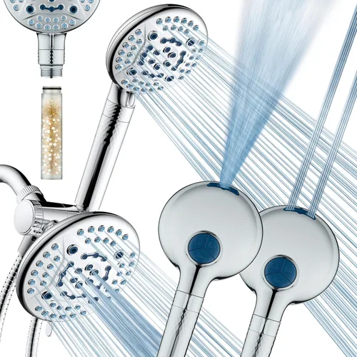 AquaCare High Pressure 6-way Dual Shower Head Combo with Built-in Filter & Power Wash - Clean Tub, Tile & Pets. Remove Chlorine, Lead & Toxins from