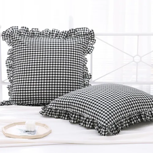 Vista 23 de Paquete de 2 fundas de almohada europeas a cuadros azul polvoriento, blanco, a cuadros, 100% algodón lavado, a cuadros, estilo francés, rústico