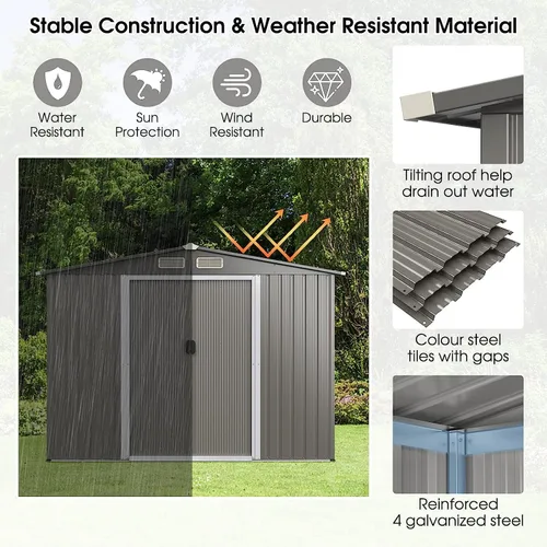 Vista 3 de Goplus Cobertizo de almacenamiento para exteriores de 8.5 x 6.8 x 6 pies, resistente a la intemperie con base, 4 rejillas de ventilación, puertas