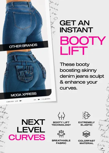 Vista 2 de Moda Xpress - Jeans levantadores de glúteos para mujer, ajustados, de cintura alta, elásticos