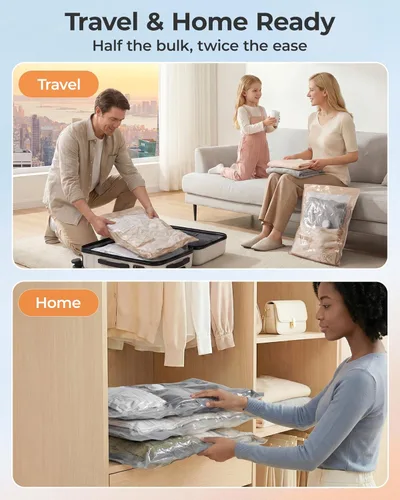 Vista 9 de BAGSMART Bolsas de almacenamiento al vacío con bomba portátil, bolsas de ahorro de espacio de viaje para ropa, bolsas de compresión resistentes