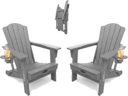 Vista 39 de THOEOE Silla Adirondack plegable, silla de exterior HDPE para todo tipo de clima con soporte para tazas, textura de madera, silla para hoguera